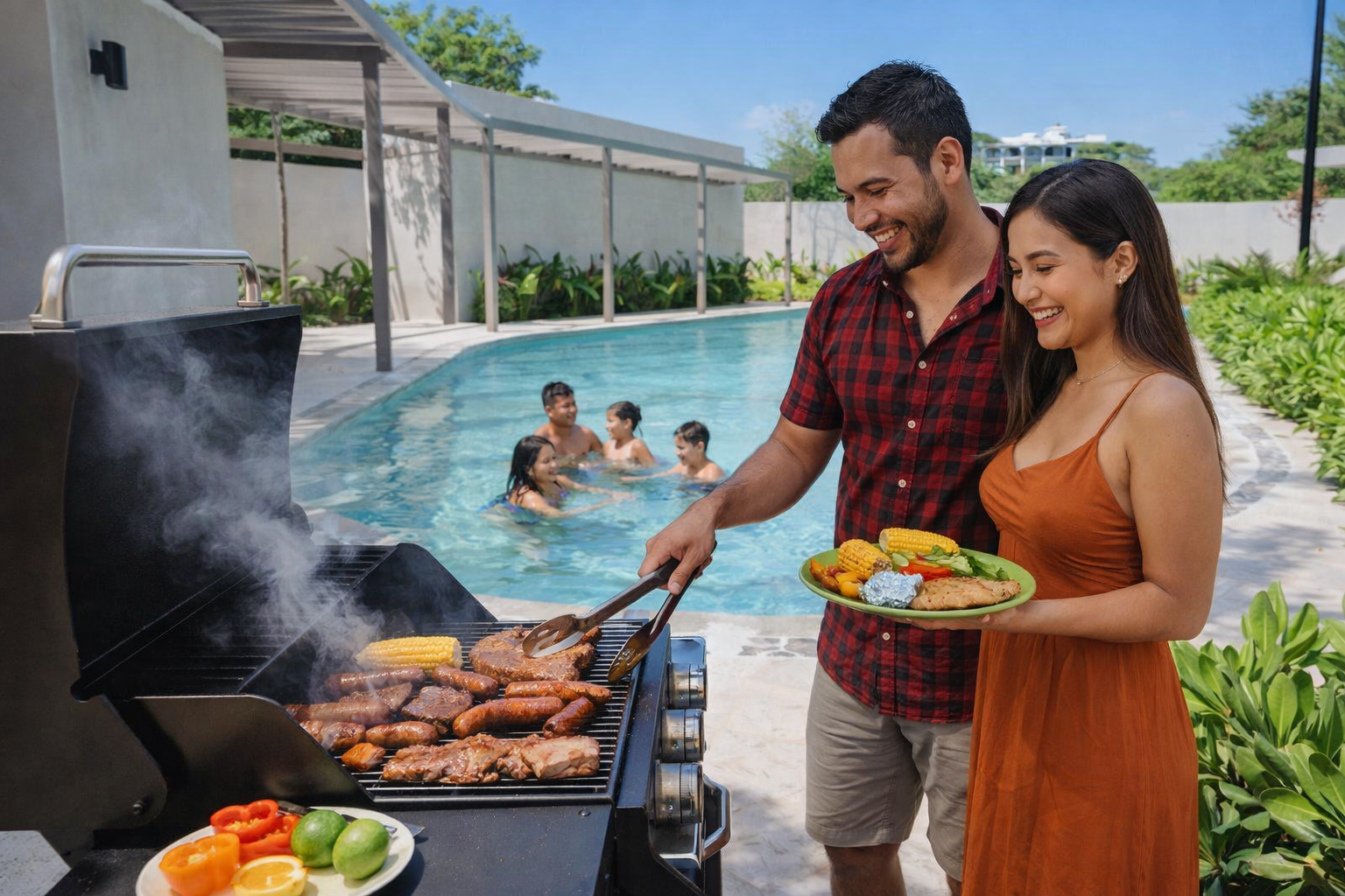 Área de alberca y asador, vida social en Alanda Living